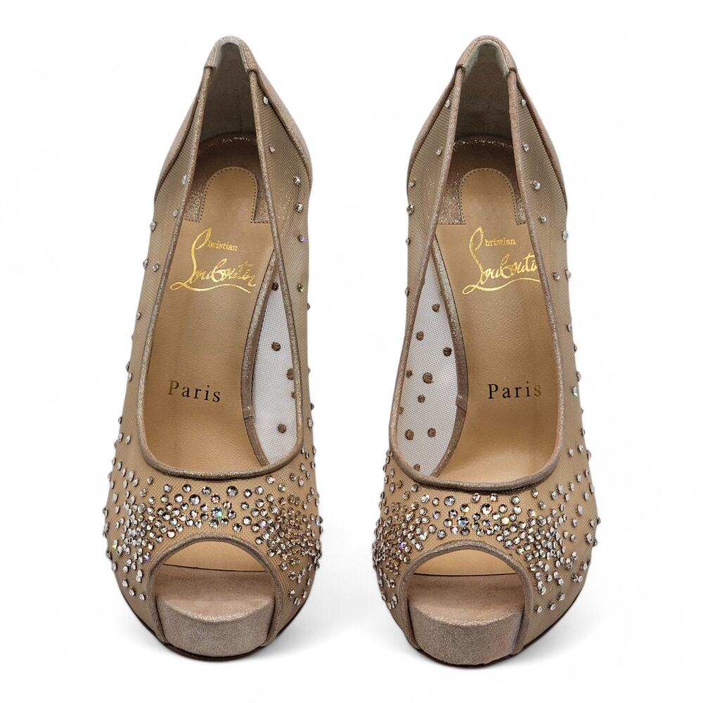 Christian Louboutin Very Strass Peep Pumps 120mm - Net - Nude - Picture 4 of 10